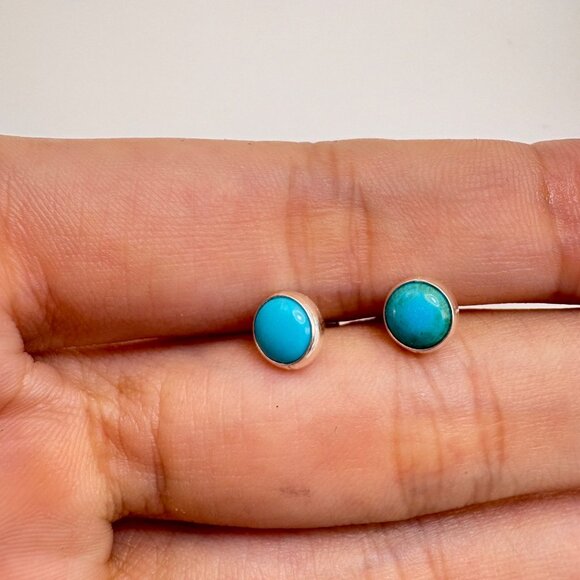 Sterling Silver 925 Blue Turquoise Stud Earrings 7mm Round - Picture 2 of 9